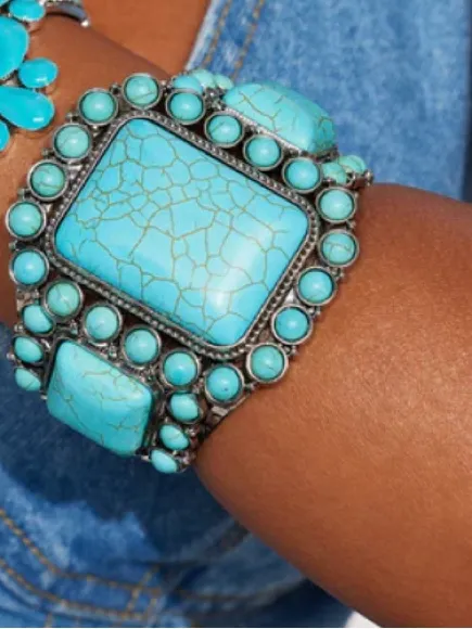 Turquoise Stone Cluster Cuff Bracelet - Women Jewelry Bracelet - Image 3