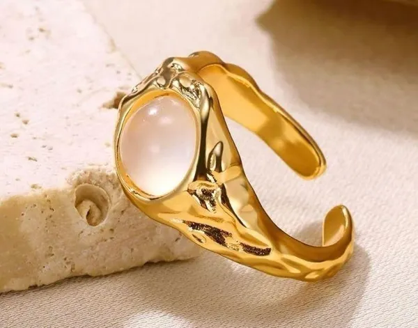 Cat Eye Stone Ring for Women 18K Gold Color Stainless Steel Round Adjustable 7-9 - Image 4