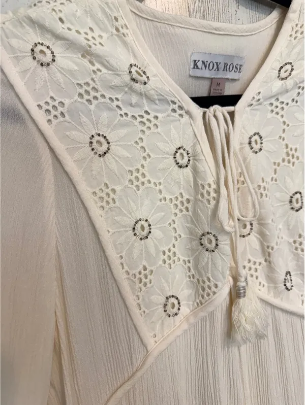 Knox Rose Ivory Boho Embroidered Lace Tassel Long Sleeve Dress M - Image 3