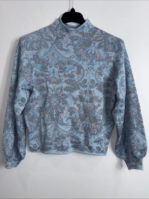 By Anthropologie blue paisley metallic Beatriz mock neck sweater size medium - Image 2