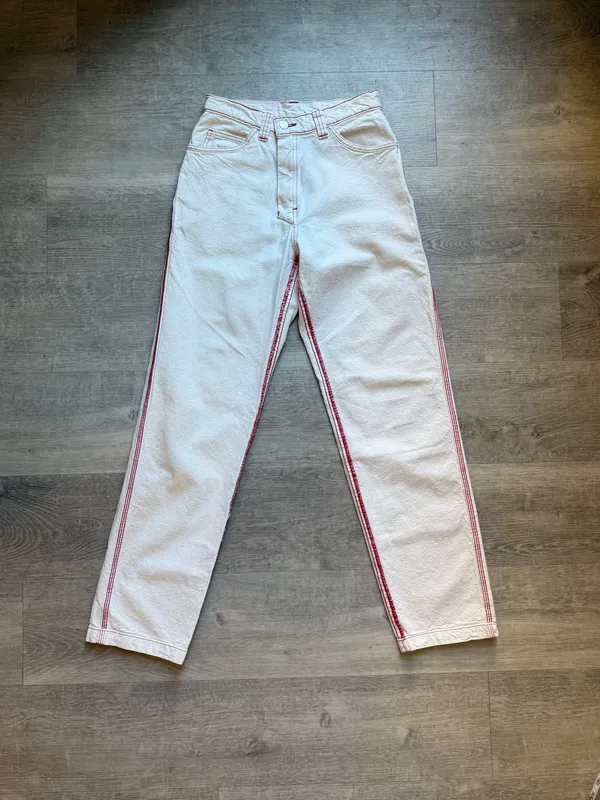 Madhappy Mid Rise Straight Leg 5 Pocket Off-White Jeans Red Stitching Size S - Image 2