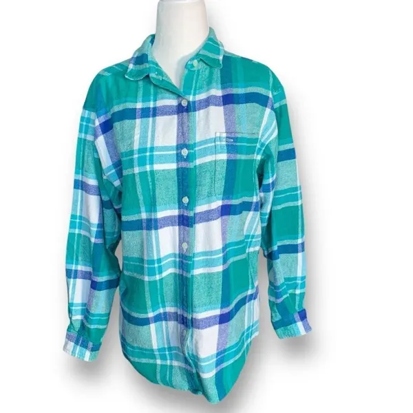 Vintage 90s Kelly Green Blue Plaid‎ Flannel Button Front Long Sleeve Baggy Shirt - Image 2