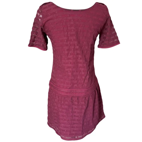 Sézane Drop Waist Mini Dress Size S‎ Burgundy Red Front Zip Sheer - Image 5