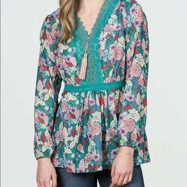 Matilda Jane Green Floral Sheer Large Kookaburra Blouse Sz.XXL - Image 3