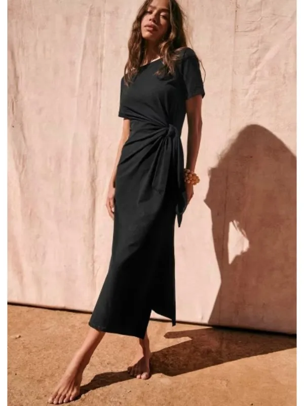 NWT Sezane Pippa in Noir Black Tie Waist Side Slit Maxi T-Shirt Dress S - Image 3