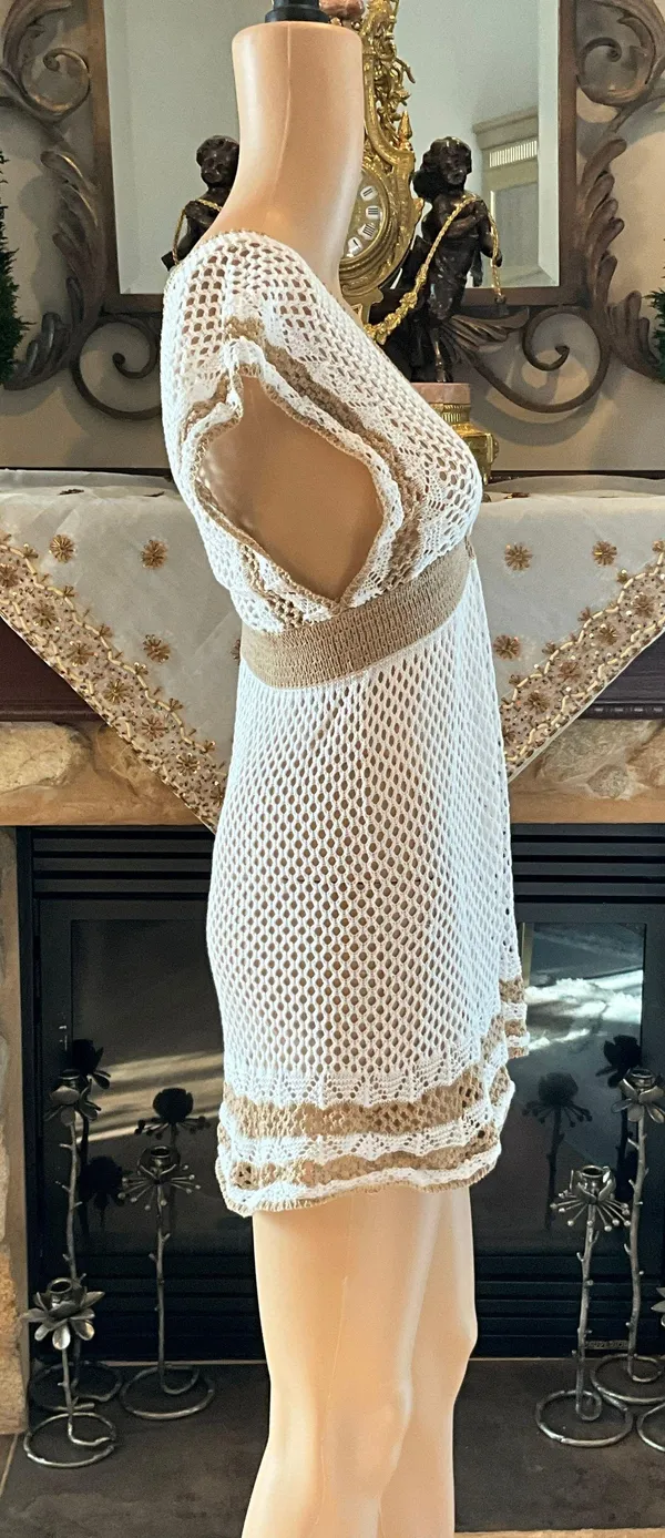 Beautiful White And Tan Beach Cover Up Dress L - Image 8