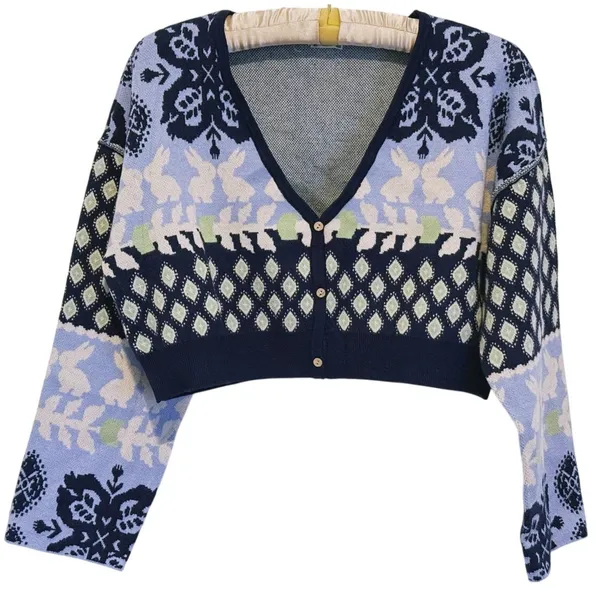 Free People Snow Bunny Knit SET Cardigan & Leggings XS Blue Lounge Nordic Indie - Image 4