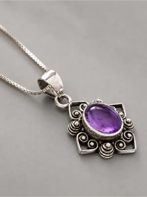Estate Art Deco Style Sterling silver Pendant with Purple Quartz Faceted Stone - Image 2