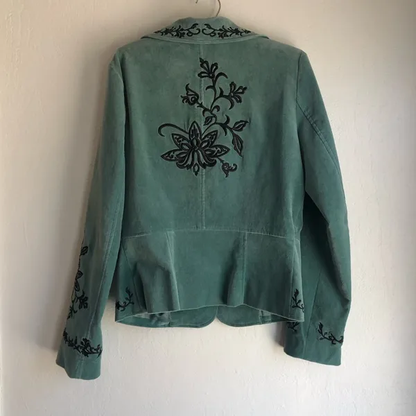 Turquoise Blue Green Velvet Jacket Embroidery Detail Size 6 western - Image 7