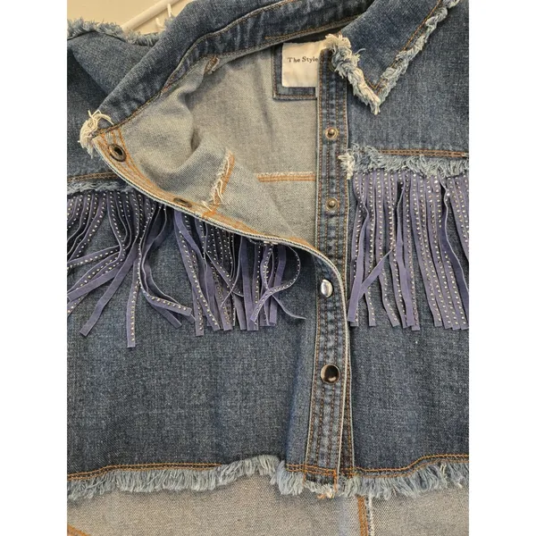 Garage The Style Between Us Denim Jacket M Blue Fringe Rhinestone Cropped Distressed - Image 8