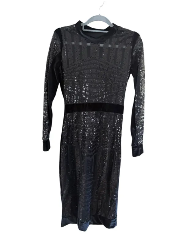 Black Velvet Midi Dress with Sheer Sparkle Sleeves - Image 9