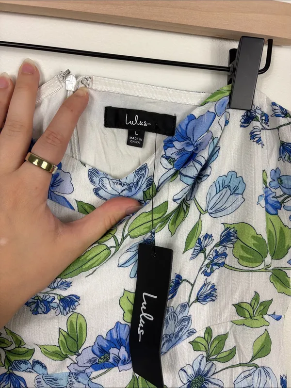 Lulus Sunday Lovin' White Floral Strapless Midi Dress Women’s Large New Blue - Image 4
