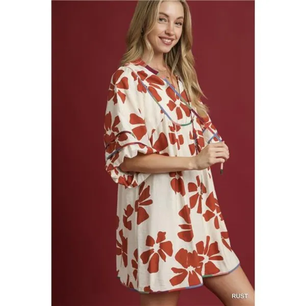 Umgee Two Tone Floral Tie-Neck Babydoll‎ Dress - Image 3