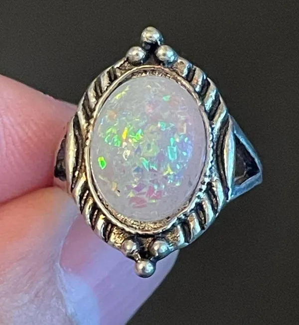 Oval simulated opal silver plated ring size 5.25 - Image 5