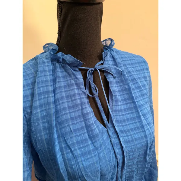 NSR Nordstrom Royal Blue Plaid Ruffle Mini Dress Smocked Waist Long Sleeve Boho - Image 3