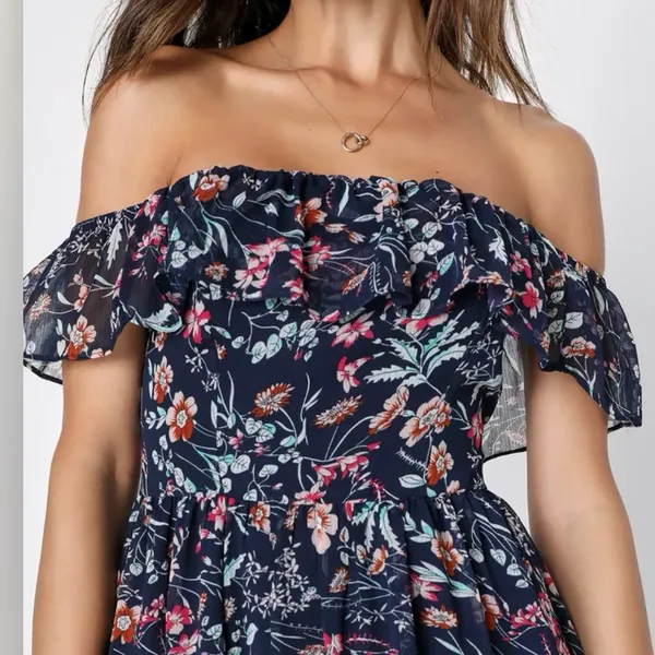 NWT Lulus My Favorite Navy Blue Floral Print Off the‎ Shoulder Dress MEDIUM - Image 2
