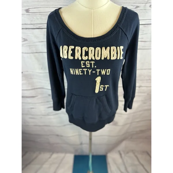 Y2k Abercrombie and Fitch Sweatshirt Womens Medium Navy Blue Logo Pullover - Image 2