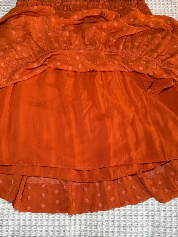 Anthropologie Fall Orange Polka V-Neck Short Sleeve Smocked Waist Short Dress L - Image 10