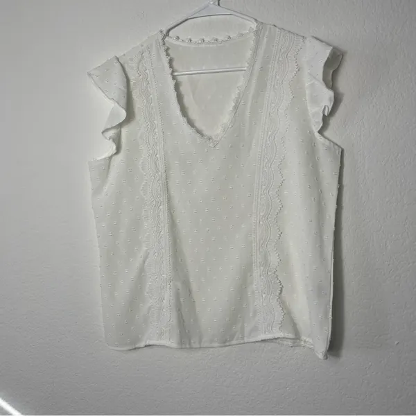 SHEIN VCAY Swiss Dot Guipure Lace Panel Ruffle Sleeve Blouse size Medium - Image 2