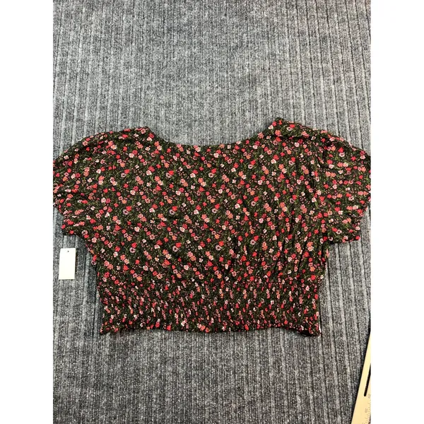 AEROPOSTALE Floral Crop Top Women XL Black Pink Smocked V-Neck Puff‎ Sleeve NWT - Image 6