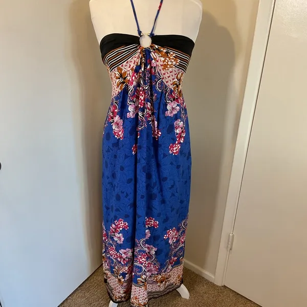 NWT La La Muse Blue Black Floral Strapless Halter Maxi Dress Size XL Boho Chic - Image 2