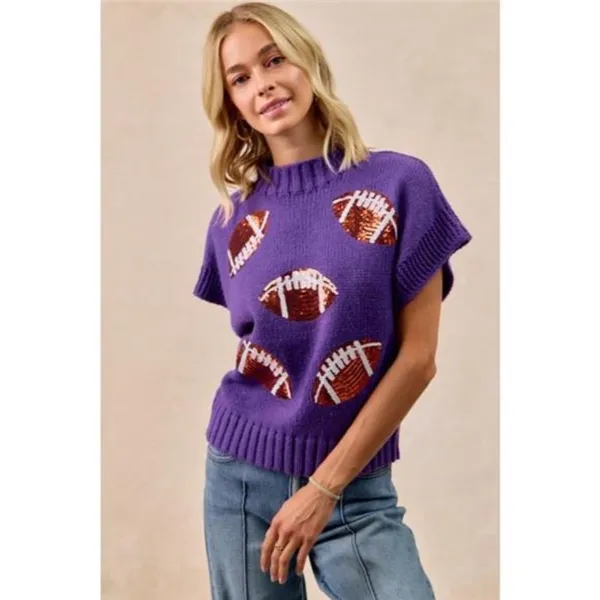 ✨NWT‎ BiBi Gameday Sequin Football Patches Rib Banded Sweater - Image 7