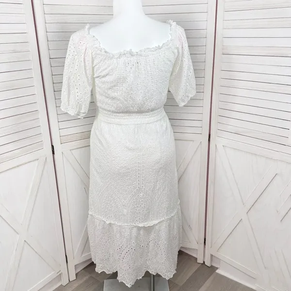 Betsey Johnson Eyelet Off The‎ Shoulder Smocked Waist Midi Dress White Large - Image 5