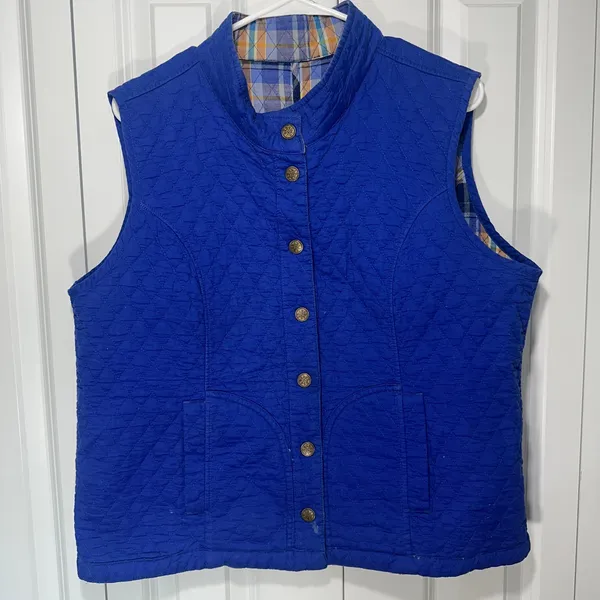 Quilted Reversible Vest Womens L Blue Plaid Grandmacore Eclectic Country Vintage - Image 5