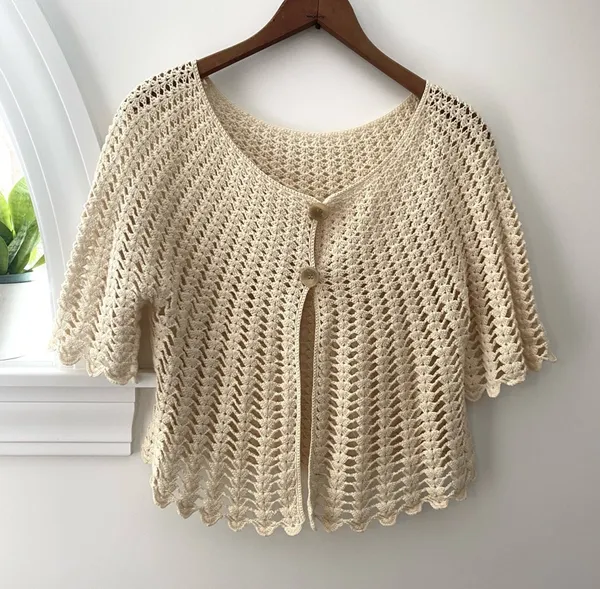 Vintage Crochet Open Knit Cardigan Sweater Medium Cream Ivory Button Up Handknit - Image 2