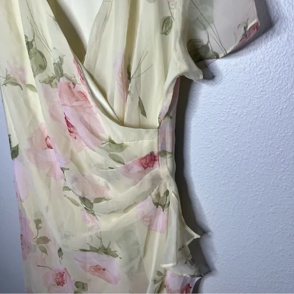 Vintage 90s Y2K JBS Ltd Butter Yellow Floral Sheer Overlay Surplice Midi Dress - Image 5