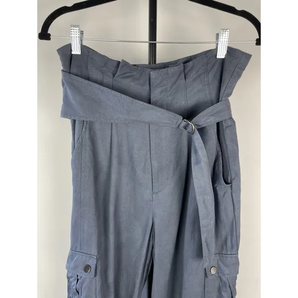 Zara Womans Tapered Cargo Pants High Rise Paperbag Sz S Blue Gray Linen‎ Blend - Image 2