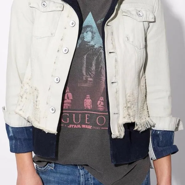 Free People Double Weave Denim Jacket Hoodie Distr - Image 7
