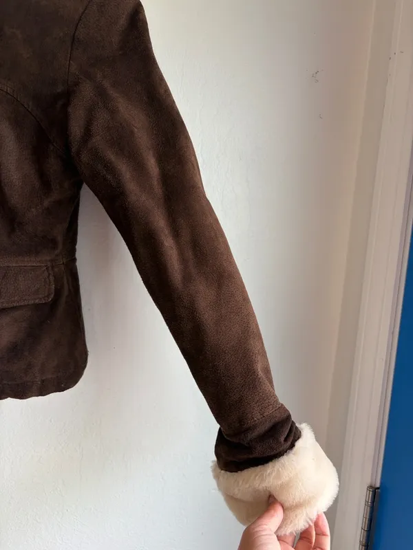 Y2K leather suede bomber jacket with fuzzy lining size small Brown - Image 4