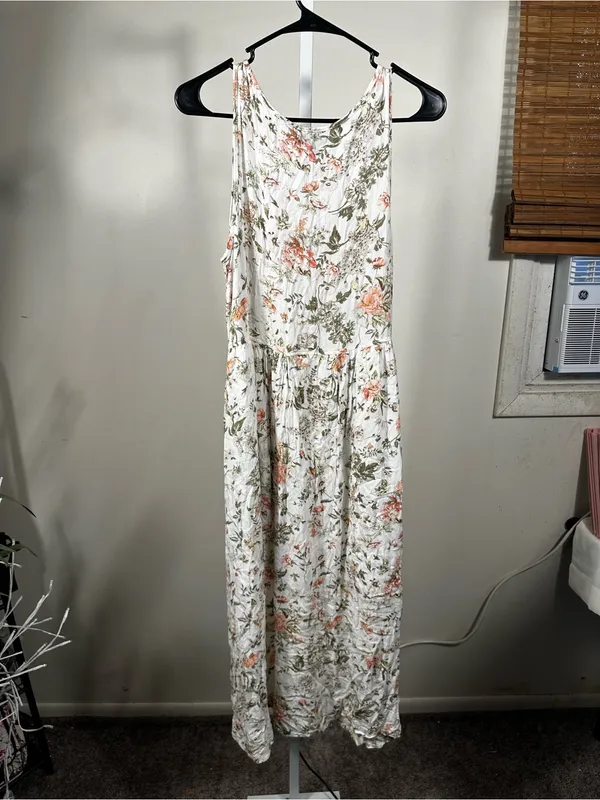 60. Frye Floral Print Maxi Dress in White, Peach & Olive - Image 3
