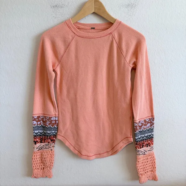 FREE PEOPLE The Mix Cuff Thermal Orange Coral Waffle Knit Crochet Top Womens XS - Image 2