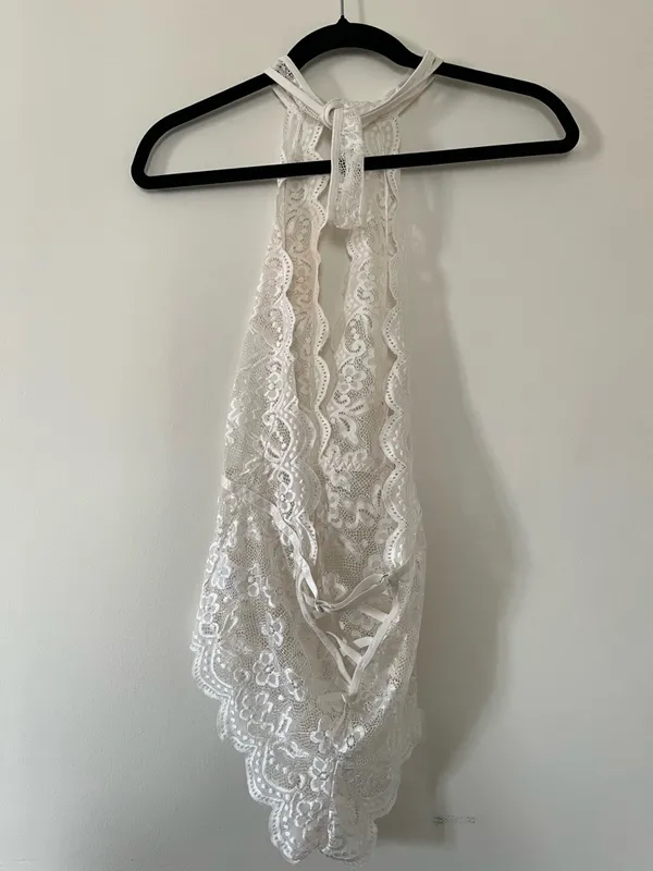 White Floral Lace Halter Bodysuit Small Bridal Lingerie Romantic Coquette - Image 4