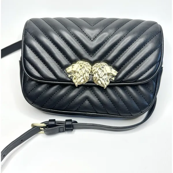 Zara Black Crossbody Bag Lion Head Gold Hardware Quilted Belt Bag‎ Convertible - Image 2