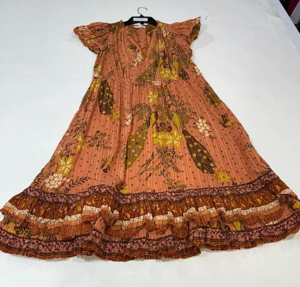 ULLA JOHNSON Remi Printed Tiered Midi Dress In Orange Cotton In Brown Size 2 - Image 4