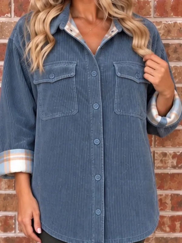 Love Tree Reversible Slate Blue Corduroy Plaid Fleece Shacket Jacket Women’s XL - Image 2