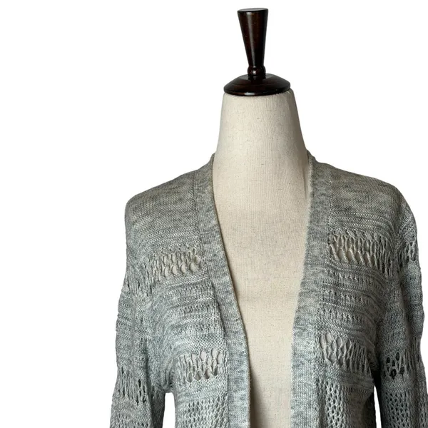 LOFT Outlet Cardigan Women Medium Grey‎ Open Knit Pointelle Longline Sweater - Image 5