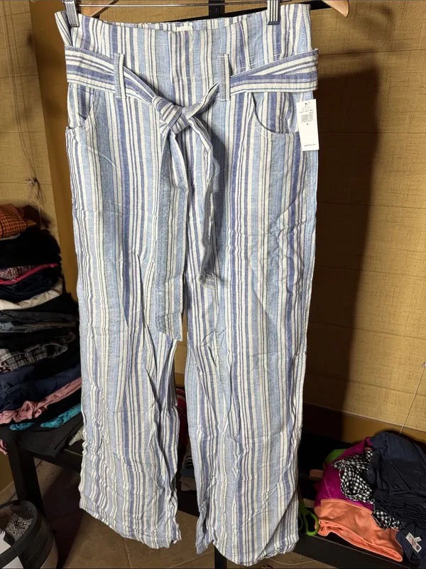 NWT GAP Linen Blend Blue White Stripe Wide Leg Tie Waist Pants Size 6 - Image 3