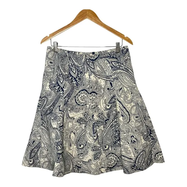 Talbots Paisley A-Line Skirt Womens 6 Blue White Cotton Blend Knee Length Zipper - Image 3
