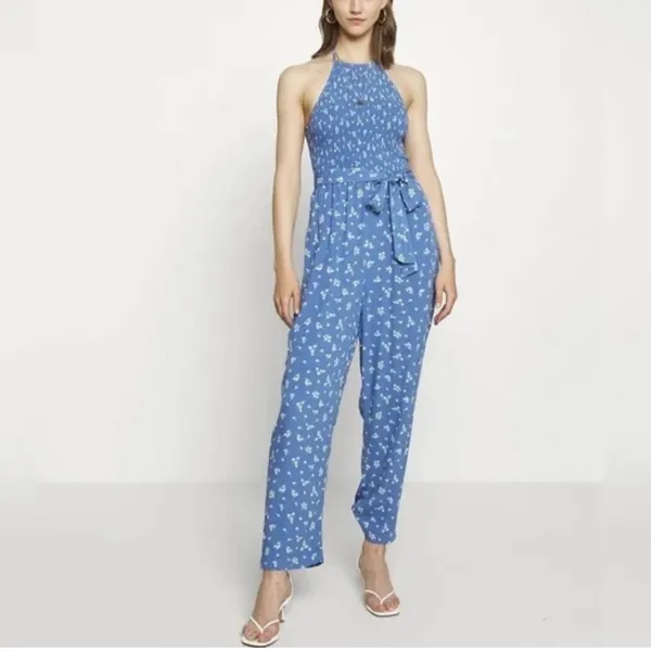 NWT American Eagle Bella Smocked Jumpsuit Sz XL Blue Floral Cottagecore - Image 7
