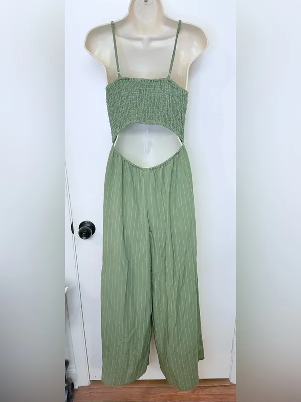 Flying Tomato Wide Leg Pinstripe Tie Front Keyhole Back Strap Jumpsuit Green S - Image 8