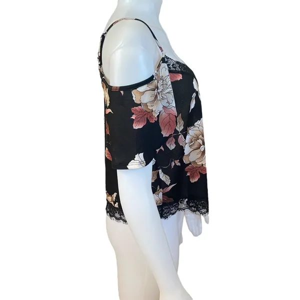 Free Press Clothing black pink floral off the shoulder short sleeve crop top M - Image 3