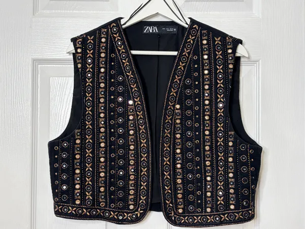 ZARA Embroidered Mirror Vest Black Boho Festival Artisan Western Statement L - Image 2