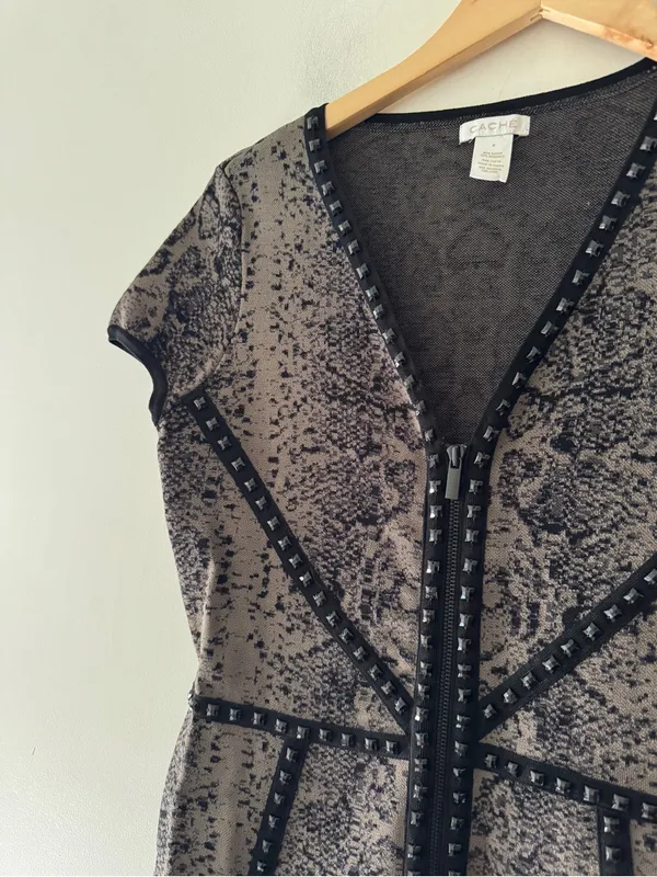 CACHE Black Studded Snake Print Bodycon Sheath Dress - Image 3