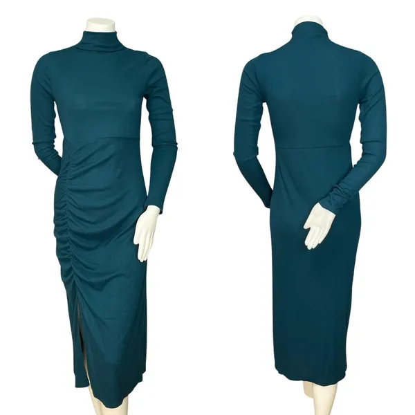 Mast & Harbour Dress Bodycon Ruched Midi Teal Green‎ Size Small Women Side Slit - Image 4