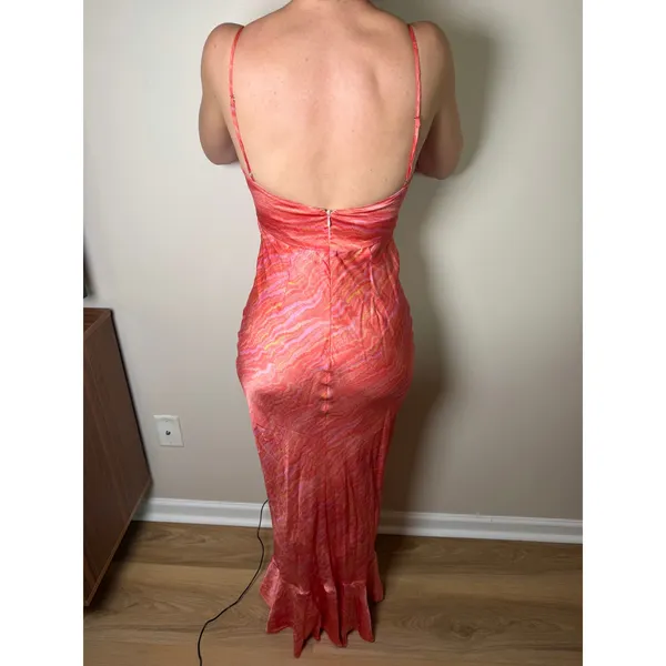SALONI 100% Silk Mimi Maxi Dress Salmon Marbling Slip Style Size 4 FLAWED - Image 2