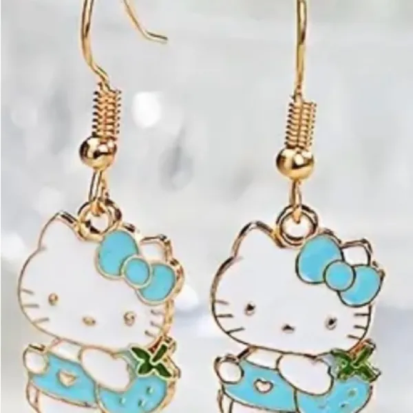 Adorable Blue Strawberry Hello Kitty Dangle Earrings - - Image 2